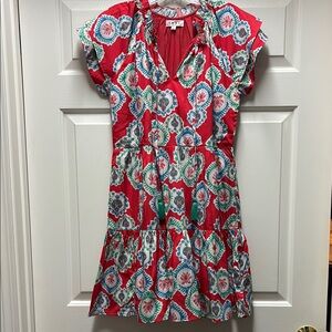 THML Vibrant Red geometric Patterned Dress fit flare satin SMALL